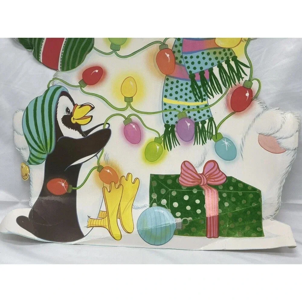 VINTAGE WHITE BEAR PENGUIN CHRISTMAS WINDOW DECORATION DIE CUT 2 SIDES 22” RARE